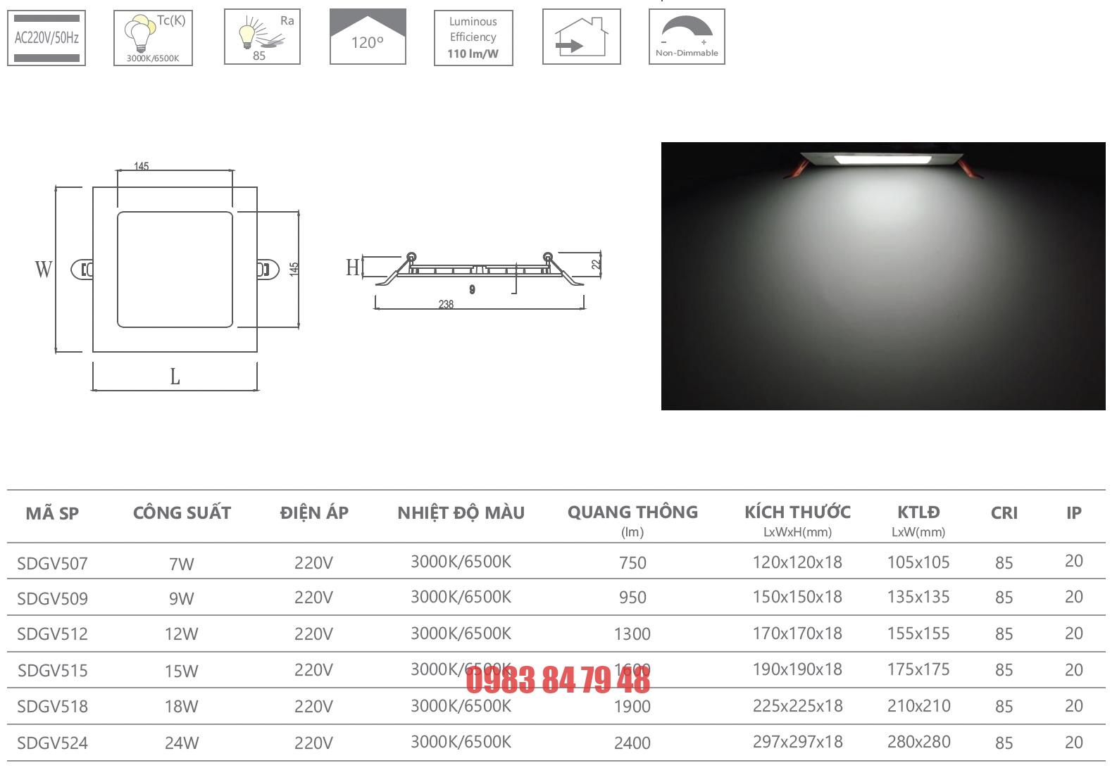 Đèn panel âm trần 15W SDGV515 Duhal - Ảnh 2