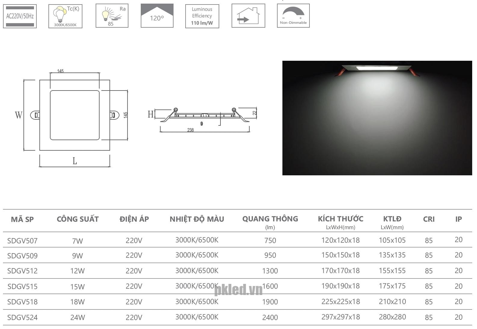 Đèn panel âm trần 12W SDGV512 Duhal - Ảnh 2