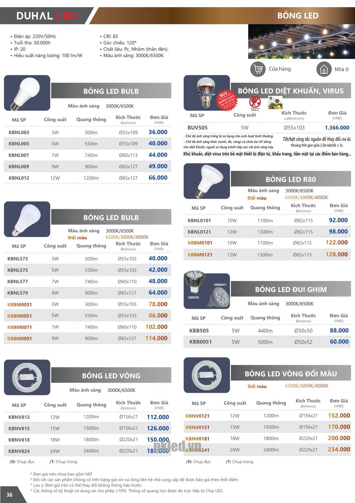 Trang 36 bảng giá đèn Duhal năm 2026