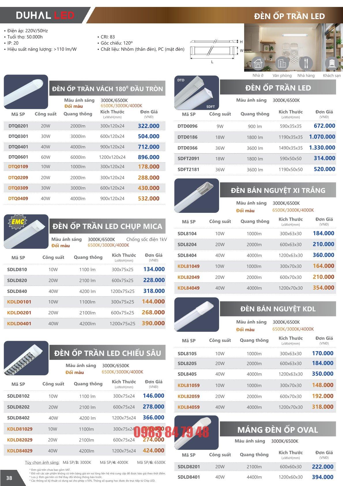 Trang 38 bảng giá đèn Duhal năm 2026