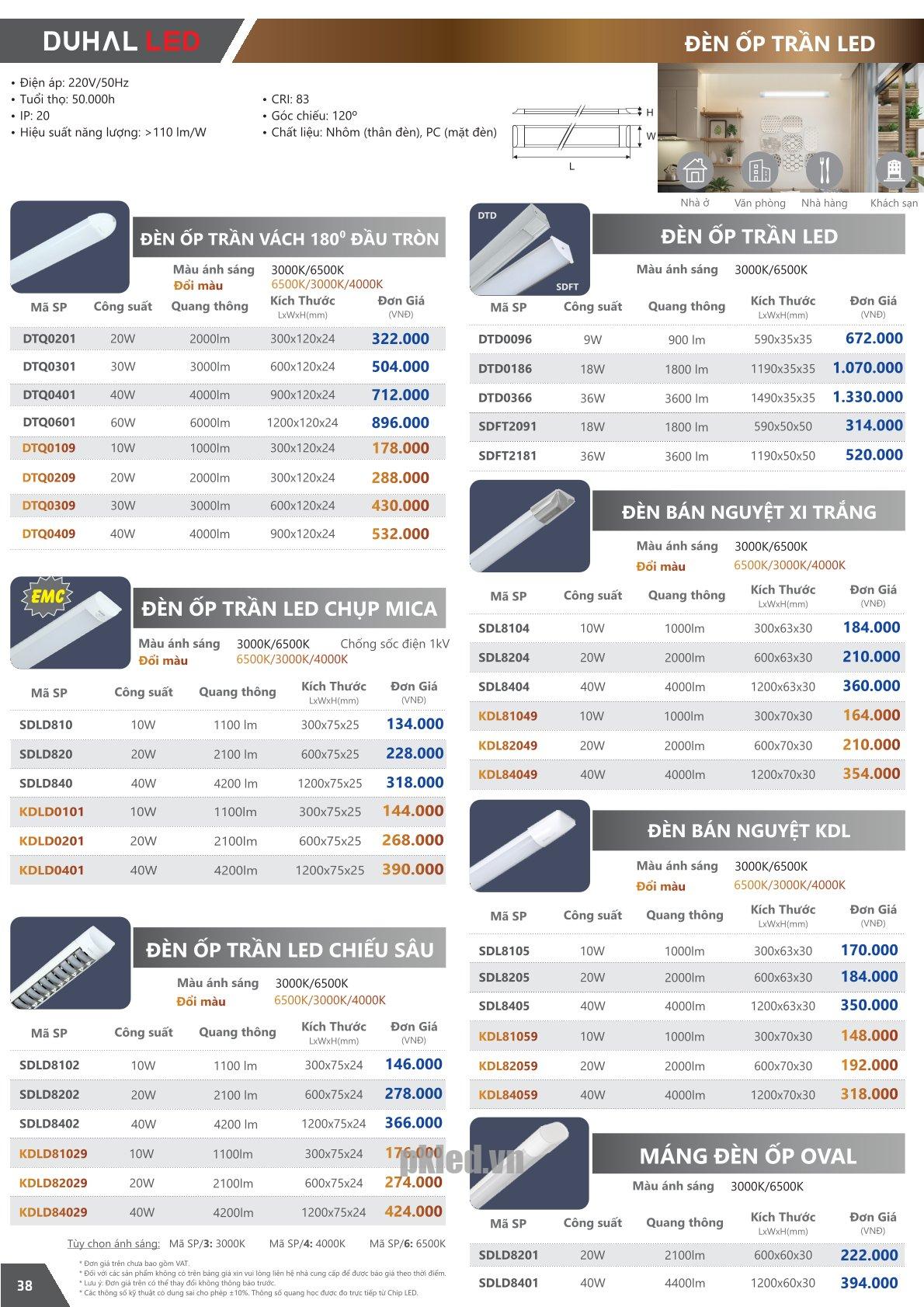 Trang 38 bảng giá đèn Duhal năm 2026