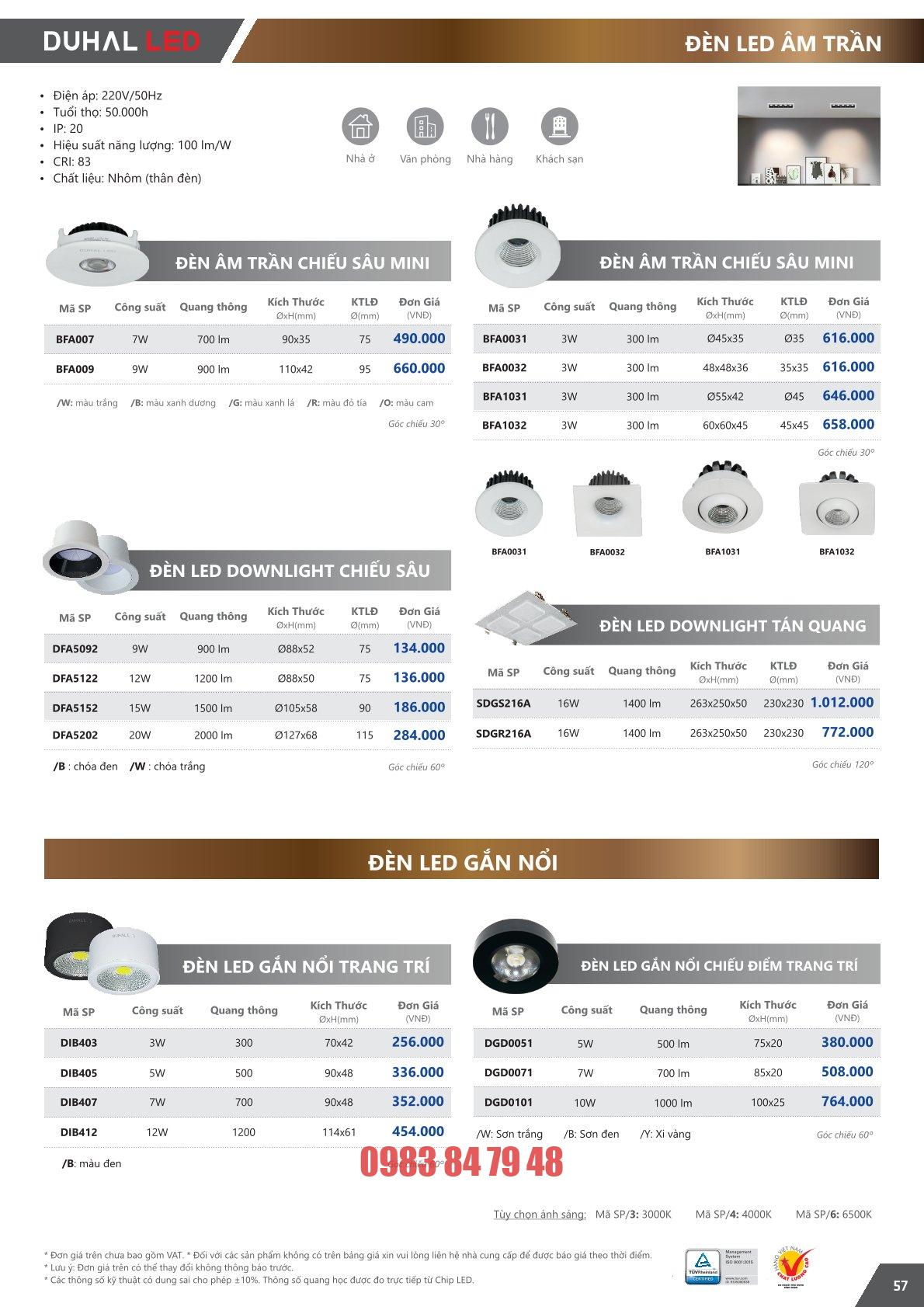 Trang 57 bảng giá đèn Duhal năm 2026