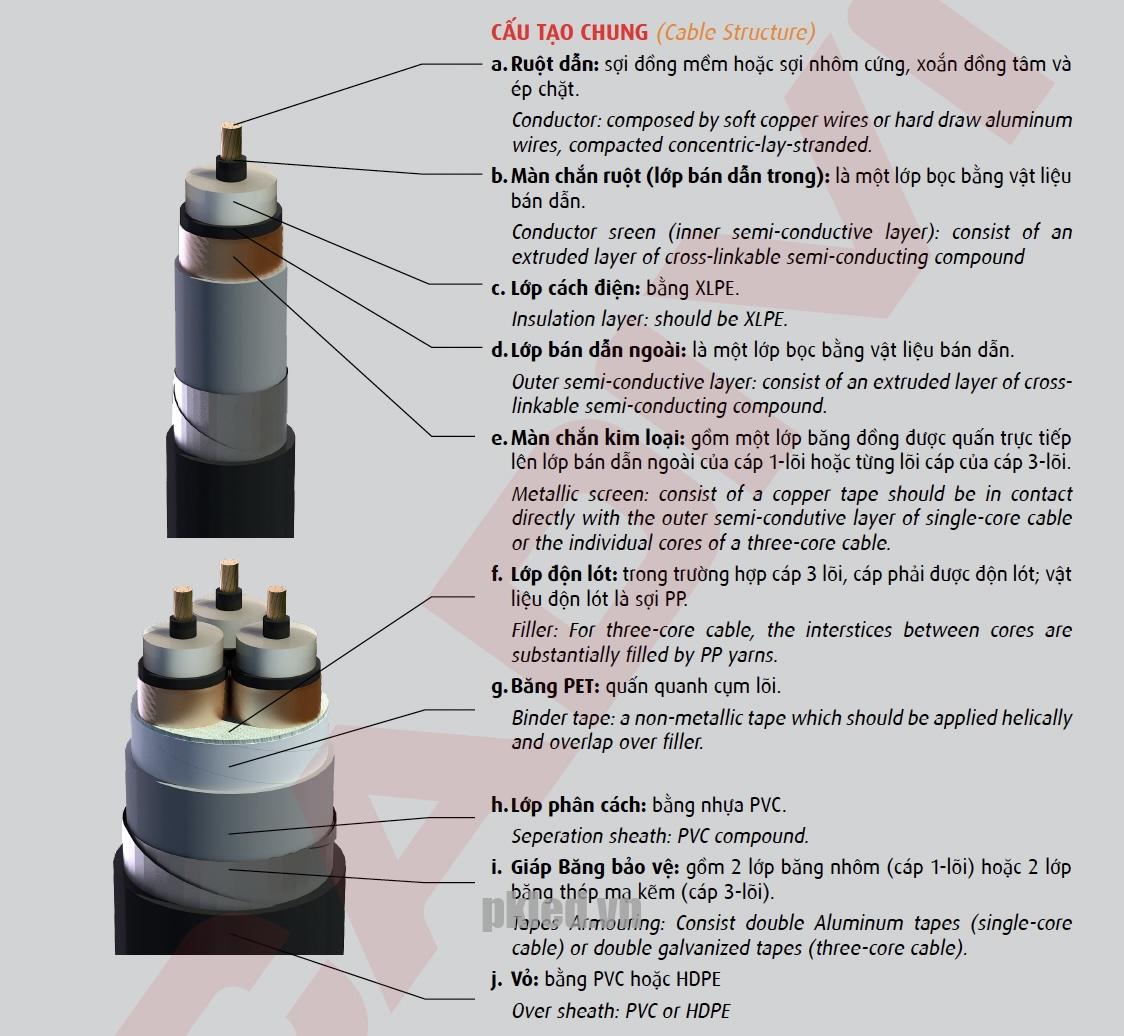Hình cấu trúc dây cáp Cadivi CXV/SE/Data