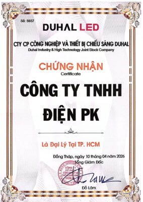 Giấy chứng nhận Điện PK là đại lý phân phối đèn Duhal